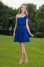 One Shoulder Knee Length Royal Blue Chiffon Bridesmaid Dress