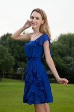 One Shoulder Knee Length Royal Blue Chiffon Bridesmaid Dress