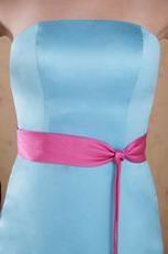 Cheap Light Blue Bridesmaid Gown With Fuchsia Belt