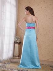 Cheap Light Blue Bridesmaid Gown With Fuchsia Belt