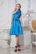 Discount One Shoulder Flowers Azure Blue Short Prom Dress