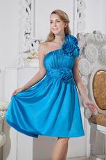 Discount One Shoulder Flowers Azure Blue Short Prom Dress