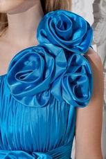 Discount One Shoulder Flowers Azure Blue Short Prom Dress
