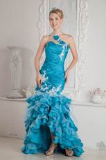 One Shoulder Appliques High Low Mermaid Blue Evening Dress