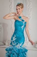 One Shoulder Appliques High Low Mermaid Blue Evening Dress