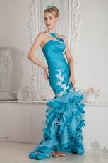 One Shoulder Appliques High Low Mermaid Blue Evening Dress