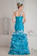 One Shoulder Appliques High Low Mermaid Blue Evening Dress