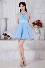Deep V Neck Baby Blue Sweet 16 Girls Dress By Designer