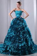 Gorgeous Teal Blue Taffeta Quinceanera Dress With Chapel Train