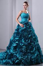 Gorgeous Teal Blue Taffeta Quinceanera Dress With Chapel Train