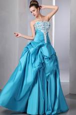 Strapless Appliqued Bodice Blue Skirt Prom Dress Cheap Price