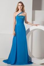 Cheap One Shoulder Court Train Blue Celebrity Prom Dresses