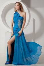 Unique One Shoulder Neck Blue Prom Dresses With A-line Split Skirt