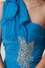 Unique One Shoulder Neck Blue Prom Dresses With A-line Split Skirt