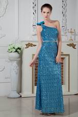 Blinking One Shoulder Bowknot Sequin Blue Cocktail Dress