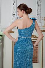 Blinking One Shoulder Bowknot Sequin Blue Cocktail Dress