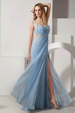 One Shoulder Baby Blue Evening Dress With Split Skirt