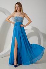 Sexy Beaded Split Skirt Blue Chiffon Evening Dress For Discount