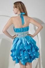 Halter Ruffles Skirt Blue Cocktail Dress For Cheap Price