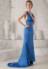 Halter V Neckline Backless Mermaid Sweep Train Blue Prom Dress