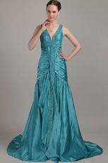 Teal Blue V-neck Customized Tailoring Prom Dress In Texas