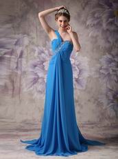 Beautiful One Shoulder Dodger Blue Prom Dress With Front Drap