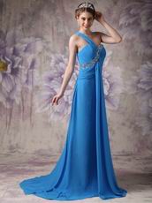 Beautiful One Shoulder Dodger Blue Prom Dress With Front Drap