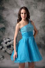 One Shoulder Neck Short Azure Sweet 16 Dress Lovely