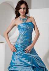 Side Beading Long Blue Strapless 2014 Prom Dress Online