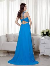 One Shoulder Azure Blue Chiffon Appliques 2014 New Prom Dress