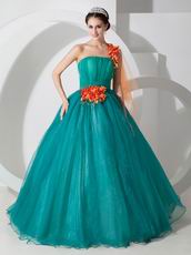 Cheap One Shoulder Teal Prom Dress With Flower Decorate