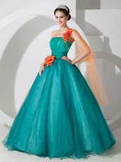 Cheap One Shoulder Teal Prom Dress With Flower Decorate