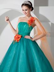 Cheap One Shoulder Teal Prom Dress With Flower Decorate