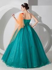 Cheap One Shoulder Teal Prom Dress With Flower Decorate