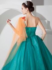 Cheap One Shoulder Teal Prom Dress With Flower Decorate