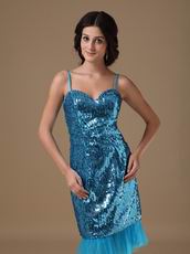 Tea Length Flaring Sequin Fabric Peacock Blue Prom Party Dress