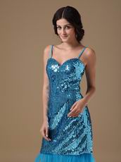 Tea Length Flaring Sequin Fabric Peacock Blue Prom Party Dress
