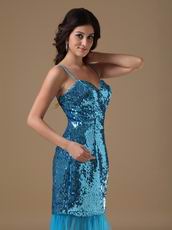 Tea Length Flaring Sequin Fabric Peacock Blue Prom Party Dress