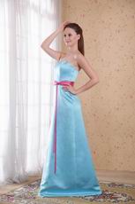 Cheap Light Blue Bridesmaid Gown With Fuchsia Belt