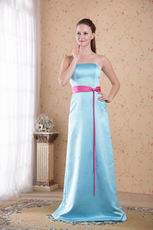 Cheap Light Blue Bridesmaid Gown With Fuchsia Belt