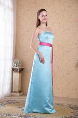 Cheap Light Blue Bridesmaid Gown With Fuchsia Belt