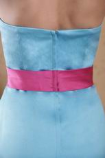 Cheap Light Blue Bridesmaid Gown With Fuchsia Belt