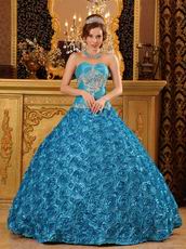 Teal Rolled Flowers Fabric Quinceanera Dress At Cheap Price