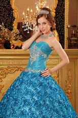 Teal Rolled Flowers Fabric Quinceanera Dress At Cheap Price