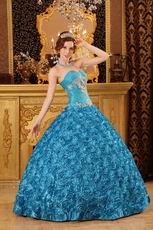 Teal Rolled Flowers Fabric Quinceanera Dress At Cheap Price