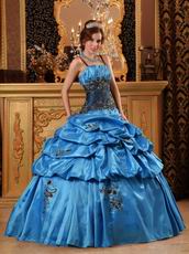 Salvia Blue Quinceanera Dress With Spaghetti Straps Puffy Skirt