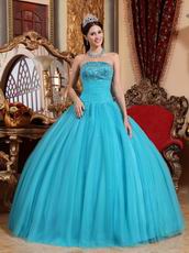 Beaded Strapless Aqua Blue Quinceanera Gown Tulle Fabric