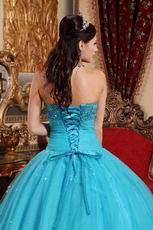 Beaded Strapless Aqua Blue Quinceanera Gown Tulle Fabric