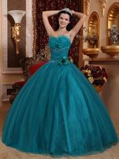 Dark Cyan Quinceanera Dress With Handmade Flower Side