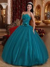 Dark Cyan Quinceanera Dress With Handmade Flower Side